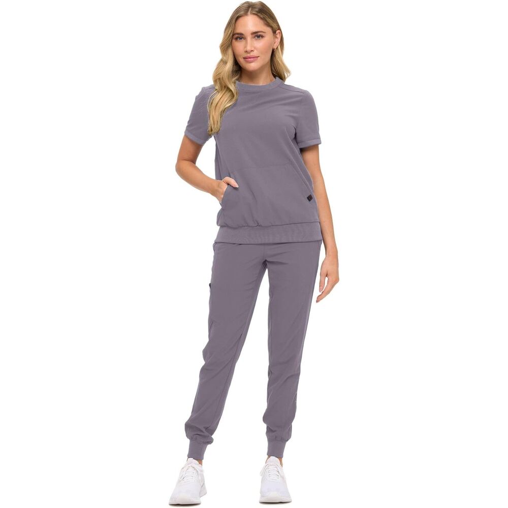 Women's Petite Scrub Set Jogger Pants & Crew Neck Top Charcoal XS-SM